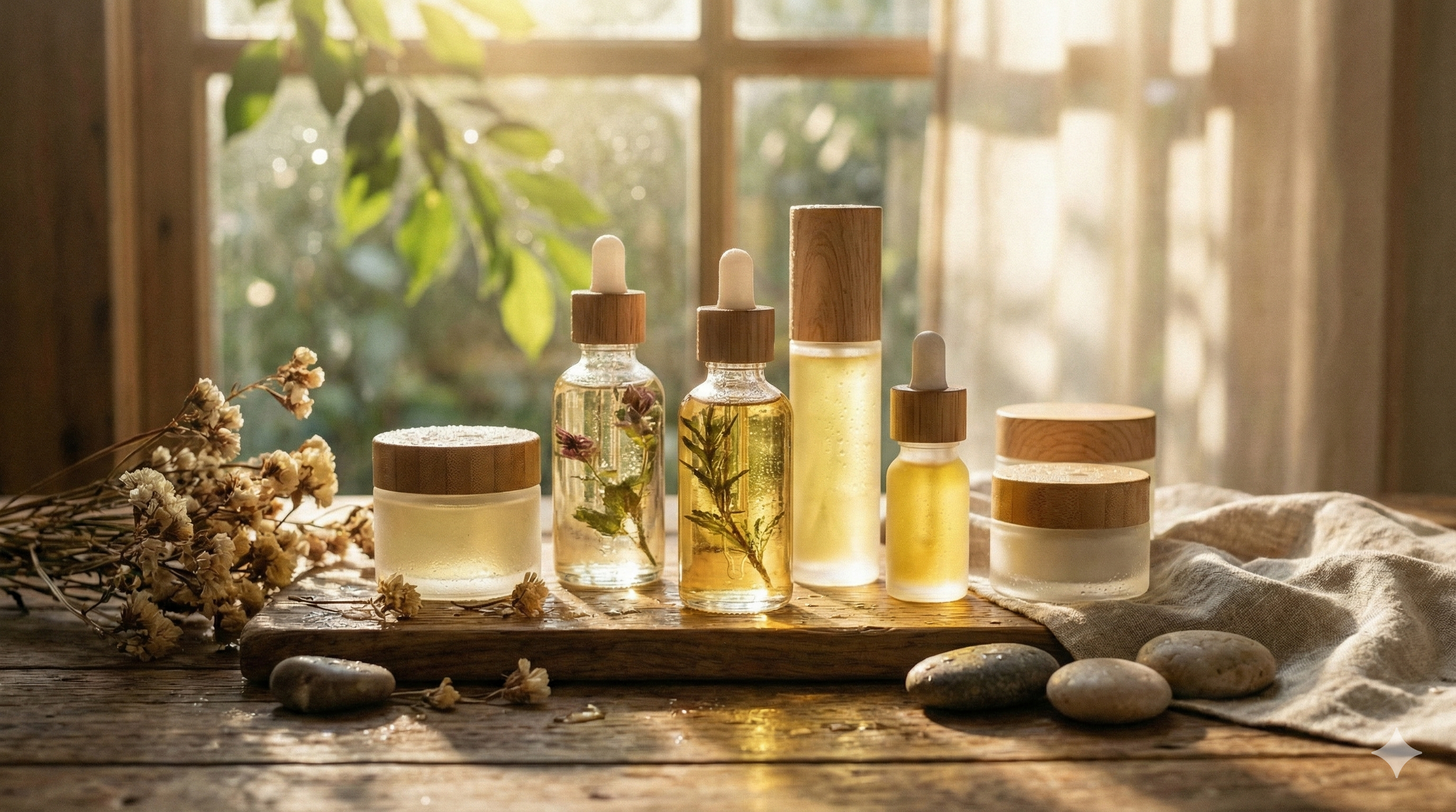 자연광 아래의 화장품 제품 사진, 고화질 렌더링